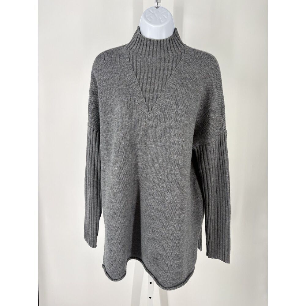 Tory Burch Gray Ribbed Turtleneck Sweater V-Neck Relaxed Knit Pullover